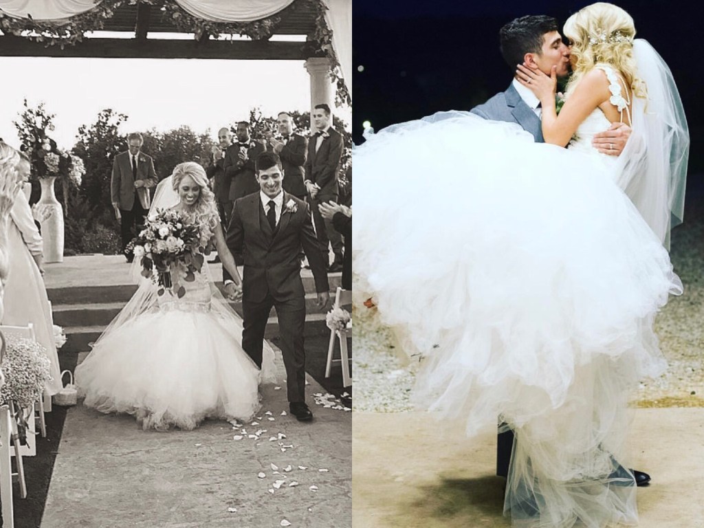 A bride ties the knot in a custom Wisteria gown by Lauren Elaine bridal of Los Angeles