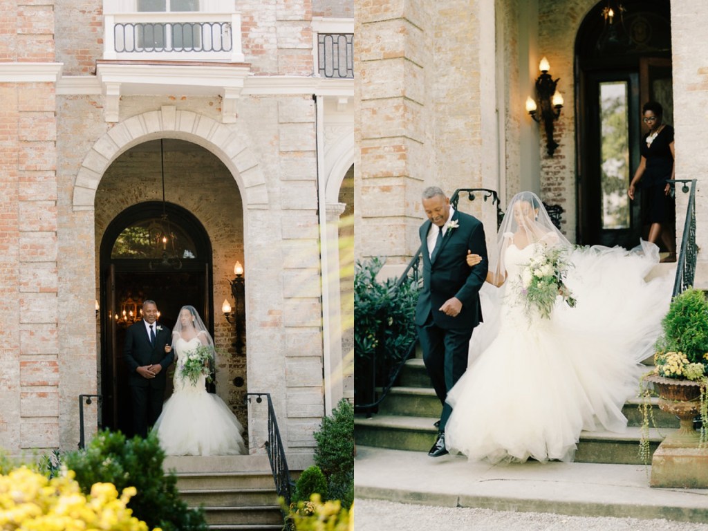 Bride Deidre ties the knot in Memphis, TN wearing a custom Lauren Elaine "Aurelia" wedding dress with 8ft cathedral train