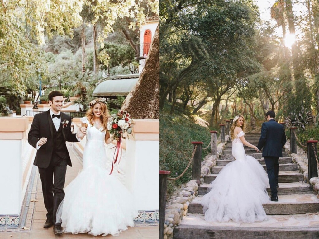 Bride Tracy tied the knot in a custom Lauren Elaine Oriana Gown with detachable cathedral tulle train