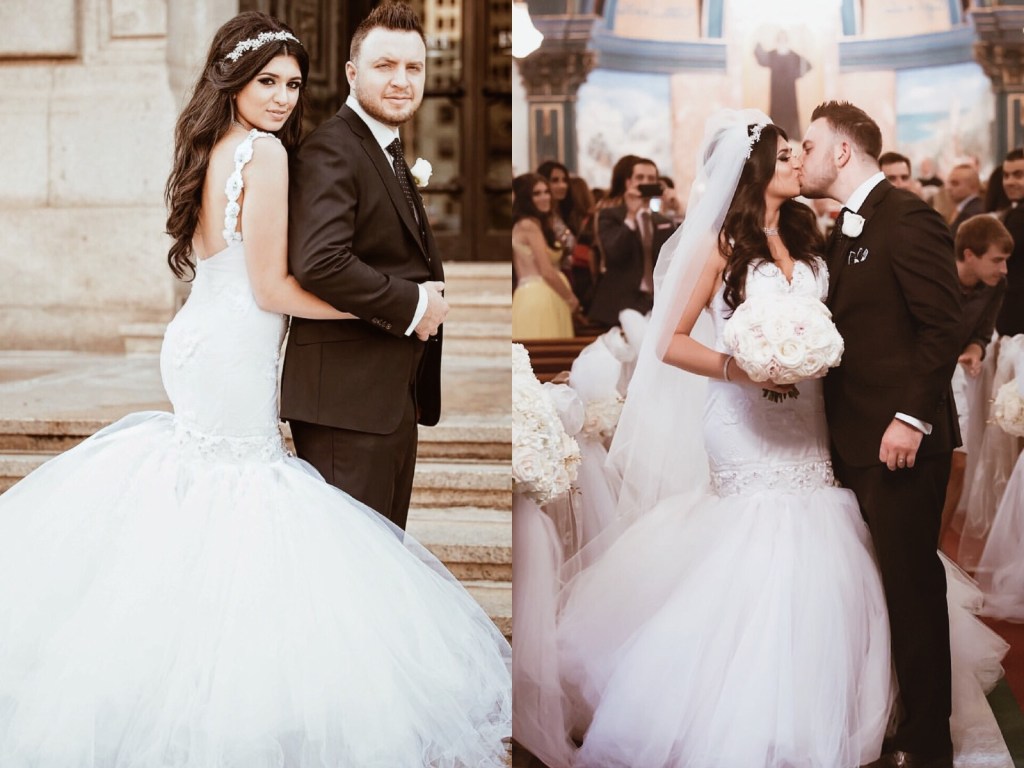 Custom Lauren Elaine Wisteria wedding dress on bride Kristel in Colorado