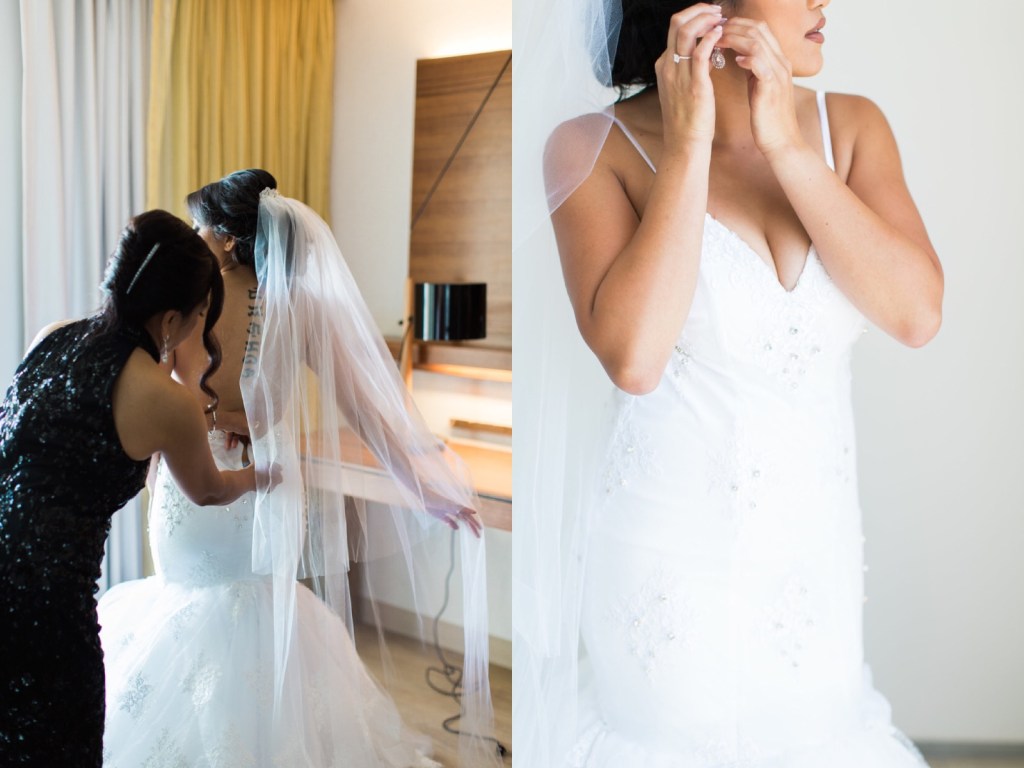 Bride Kimberly gets ready for her Malibu, CA wedding in her Lauren Elaine Bridal gown.