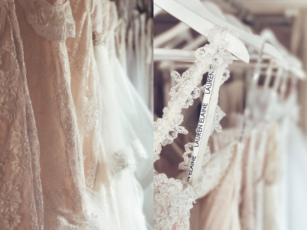 Wedding gowns and bridal dresses on display at the Lauren Elaine Style House Flagship Bridal Salon in Los Angeles.