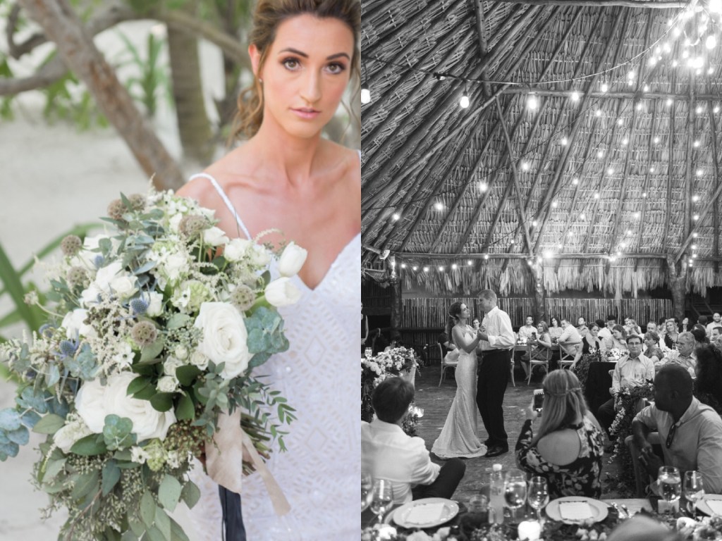 Bride Genifer dances with her father in her custom Lauren Elaine "Prism" sequin wedding dress.