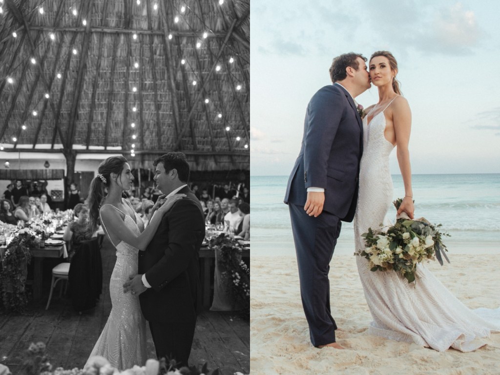 Bride Geniffer poses in her sequin Lauren Elaine "Prism" wedding dress with her fiance in Mexico.