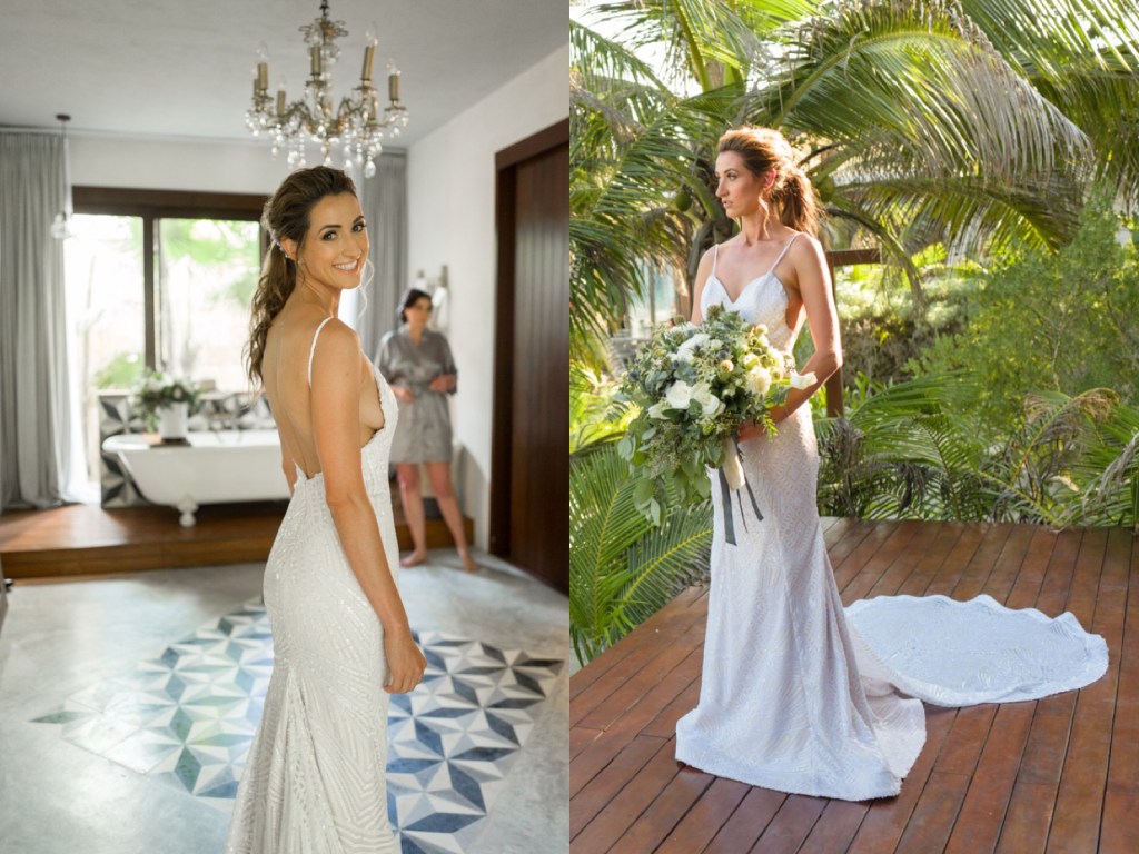 Bride Geniffer wears her custom backless Lauren Elaine "Prism" wedding dress with sequins.