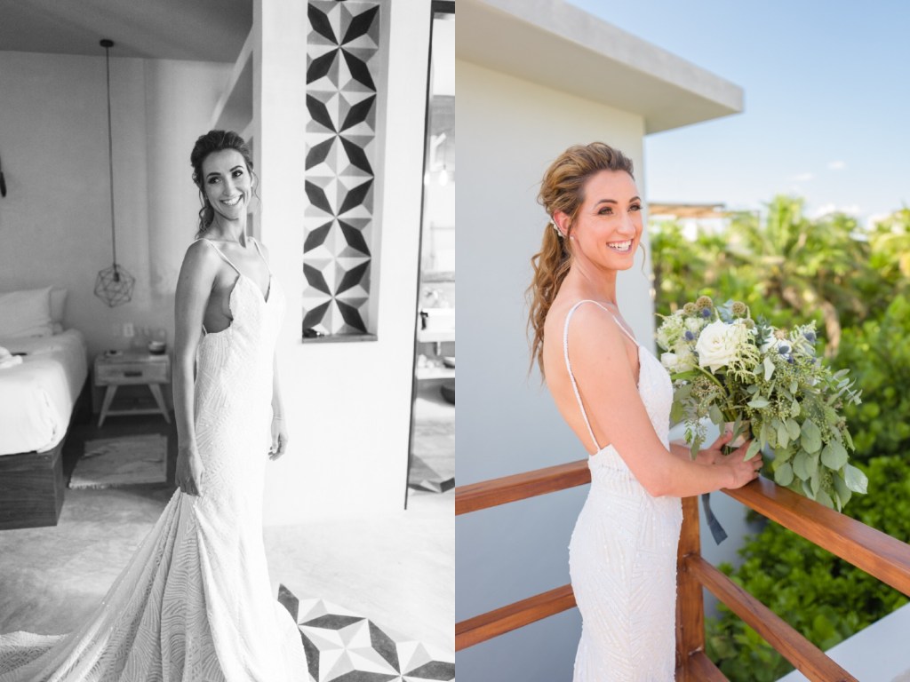 Bride Geniffer wears a backless trumpet sequin wedding dress by Lauren Elaine Bridal Los Angeles.