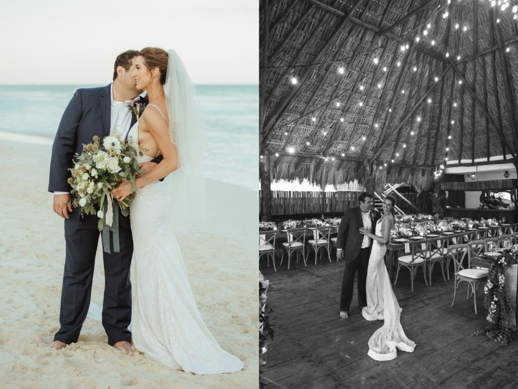Bride Genifer poses in her custom Lauren Elaine "Prism" gown with sequin cathedral train.