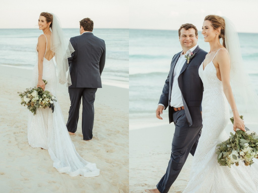 Bride Geniffer wears her backless Lauren Elaine wedding dress with sparkling cathedral train on a beach in Mexico.