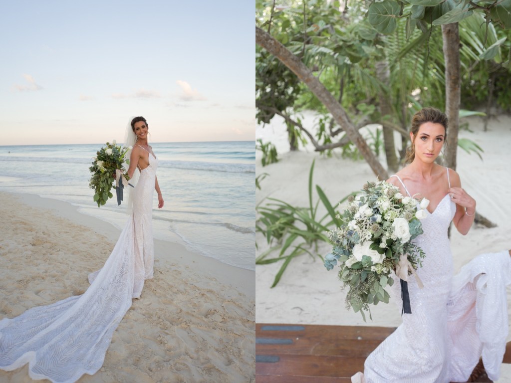 Bride Geniffer poses on a beach in Mexico in her custom backless Lauren Elaine wedding dress with 5ft cathedral train.