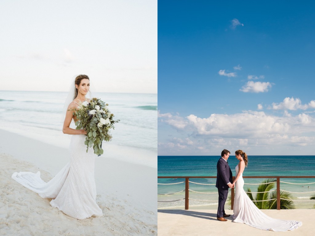 Bride Geniffer weds in Mexico in a custom Lauren Elaine "Prism" gown with cathedral sequin train.