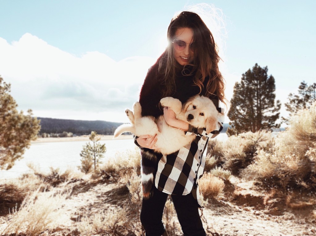 Fashion designer Lauren Elaine plays with Golden Retriever puppy Mojave in Big Bear Lake, California
