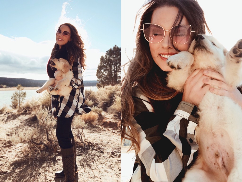 Fashion Designer Lauren Elaine plays with 8 week old golden retriever puppy, "Mojave."