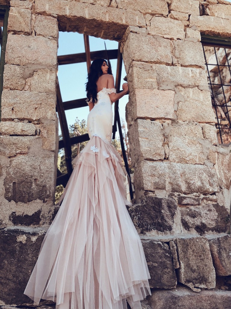 Lauren Elaine Iridessa sparkle strapless lace mermaid wedding dress with detachable lace cuff sleeves and cathedral train