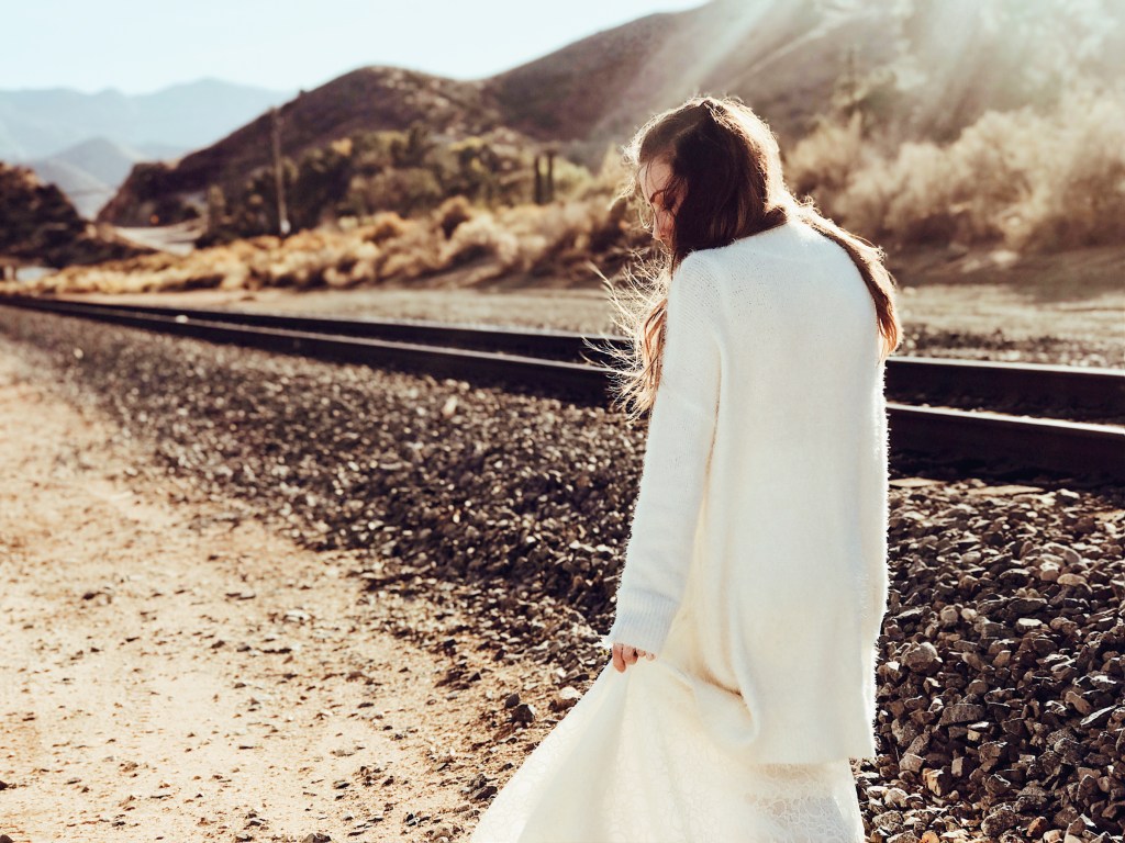 Fashion Designer Lauren Elaine wears a bohemian wedding gown in Los Angeles, CA