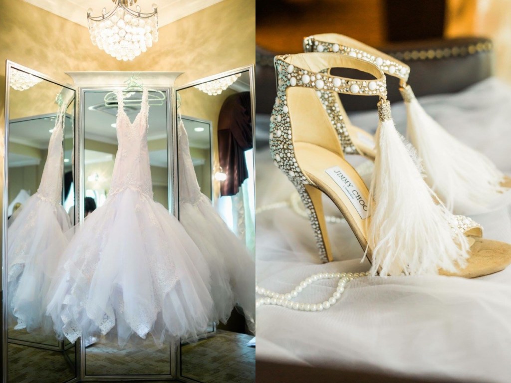 A Lauren Elaine "Arabelle" gown hangs next to Jimmy Show bridal shoes before a wedding ceremony.