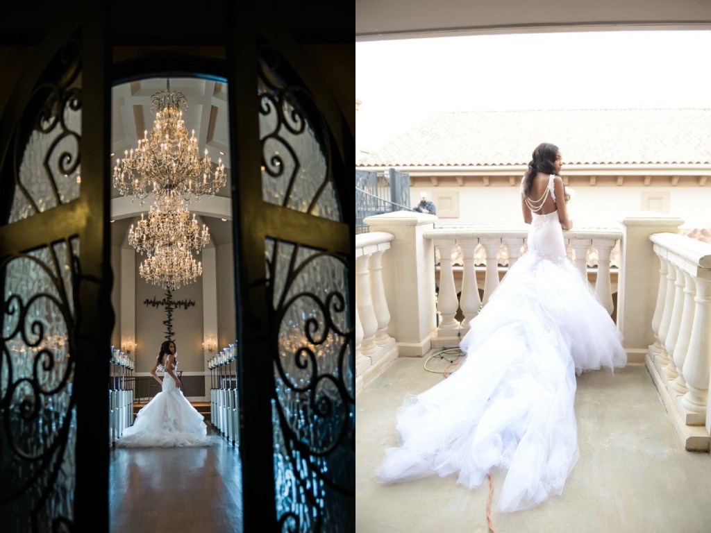 Bride Lakiska poses in a custom Lauren Elaine Arabelle mermaid wedding dress with detachable cathedral train.