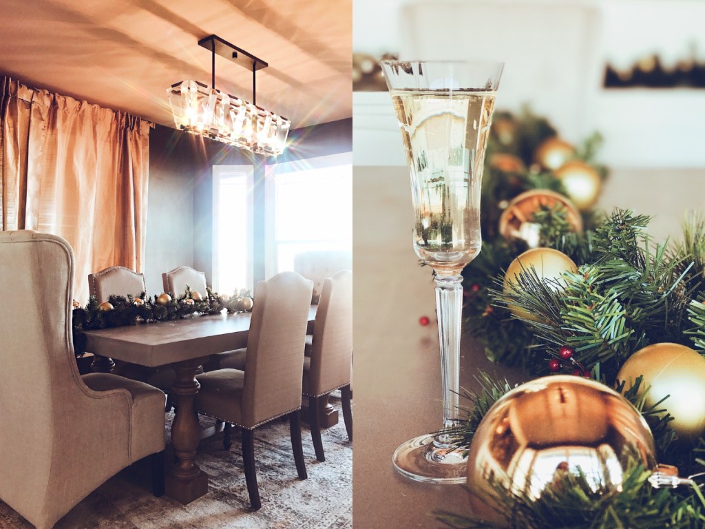 Holiday dining room decor with gold and silver garland