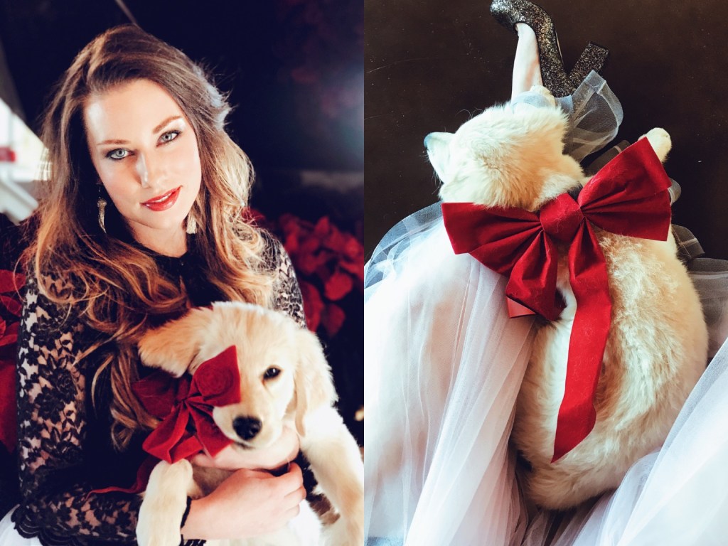 Fashion Designer Lauren Elaine poses for Christmas photos with her Golden Retriever puppy, Mojave at her home, Castle Vista.