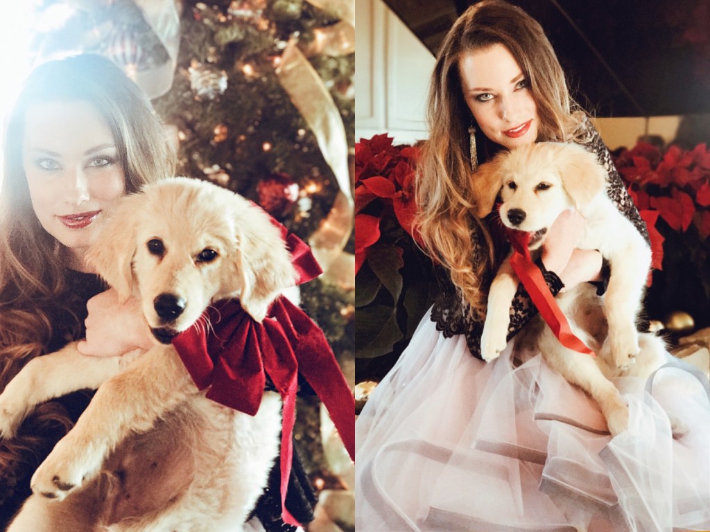 Fashion Designer Lauren Elaine poses for Christmas photos with her Golden Retriever puppy, Mojave at home in Los Angeles