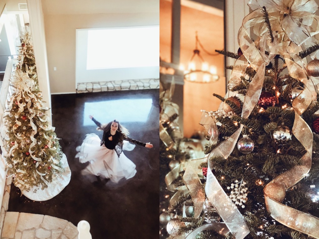 Fashion Designer Lauren Elaine takes a twirl in a blush pink tulle ball gown skirt next to her decorated Christmas Tree