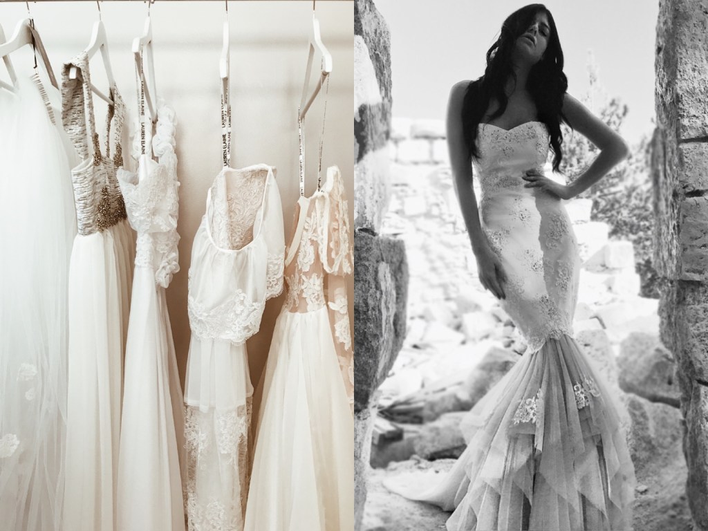 Affordable wedding dresses on display at the Lauren Elaine bridal salon in Los angeles