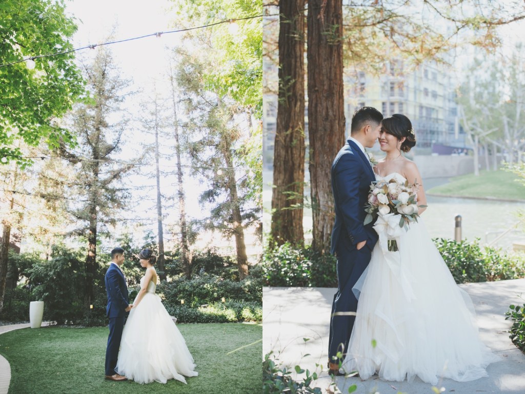 Bride Vicky wears a custom Lauren Elaine Magnolia ball gown wedding dress in Ivory with train