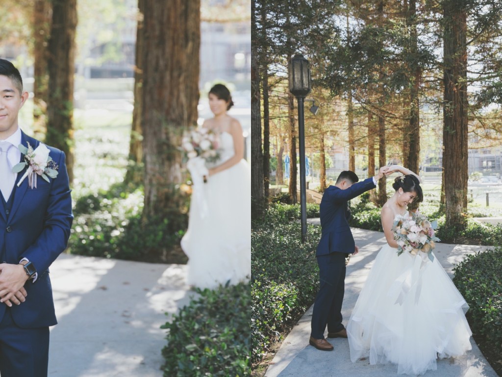 Bride Vicky wears a custom Lauren Elaine Magnolia ball gown wedding dress in Ivory 