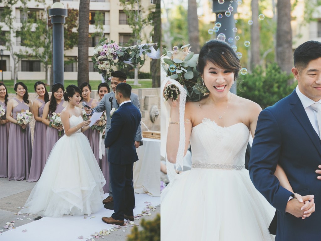 Bride Vicky wears a custom Lauren Elaine Magnolia gown at her Avenue of the Arts Wedding in CA
