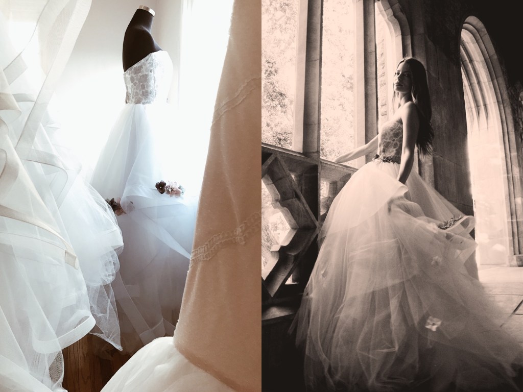 Colorful wedding dresses on display at the Lauren Elaine bridal salon in Los Angeles