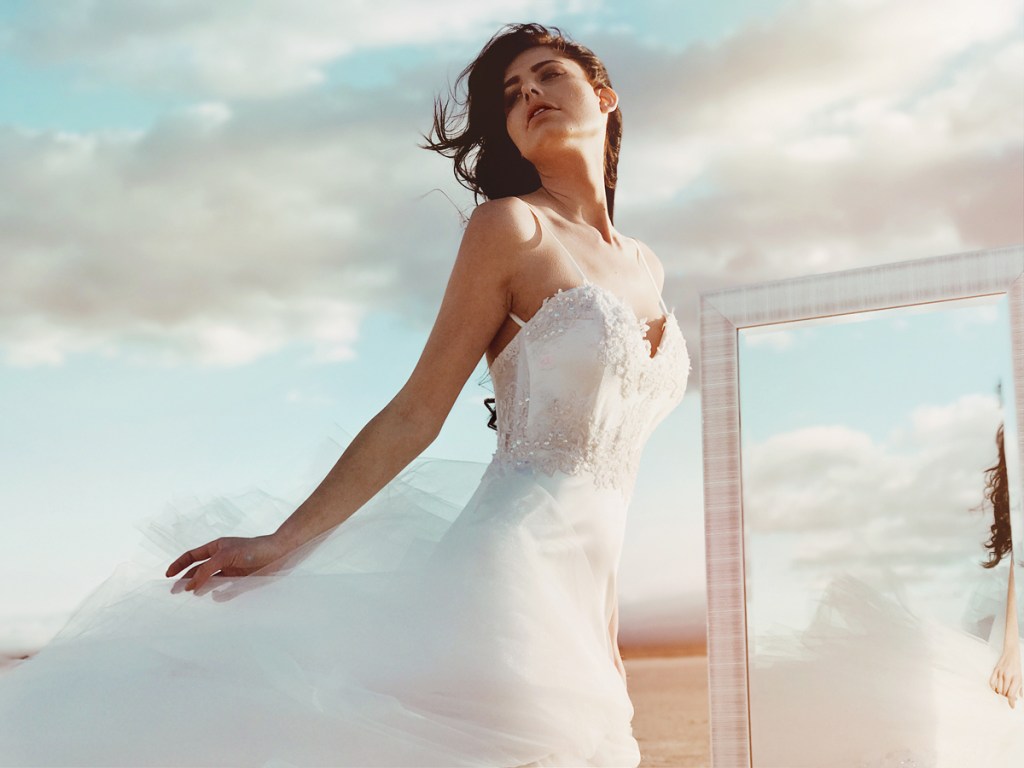 Lauren Elaine elysian mermaid wedding dress with lingerie spaghetti straps