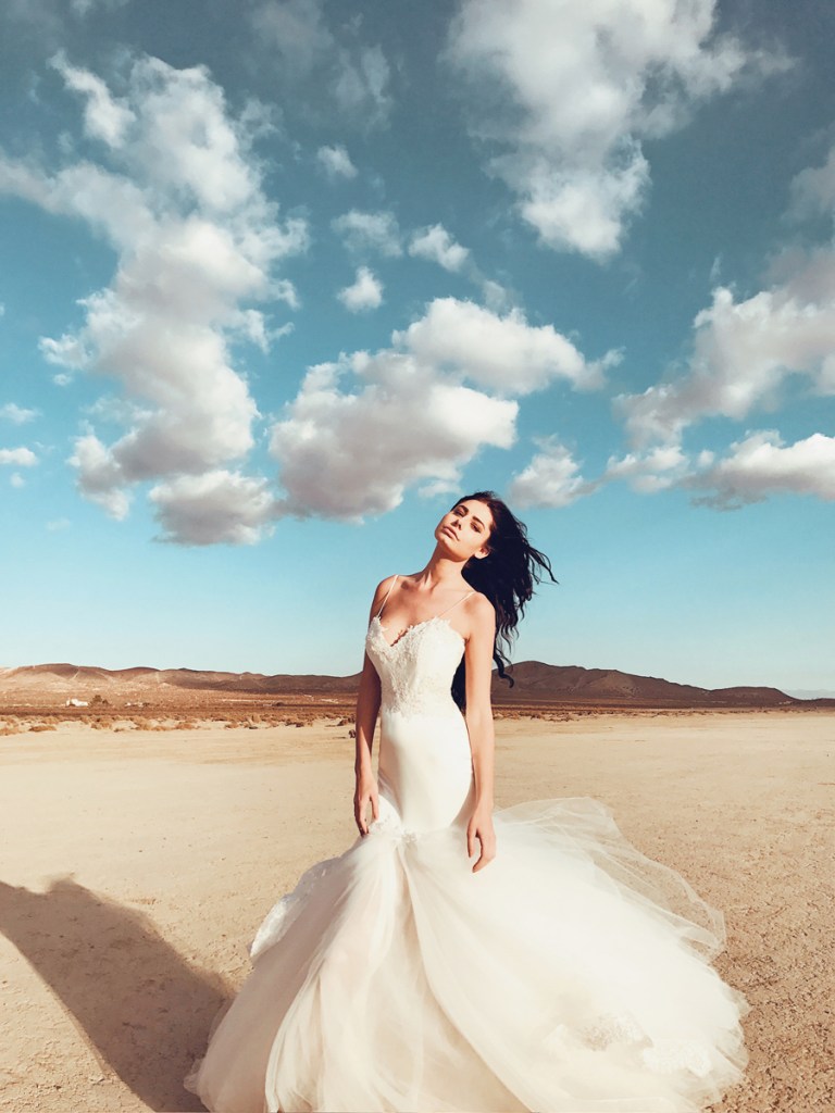 lauren elaine satin elysian mermaid wedding dress photographed at el mirage california