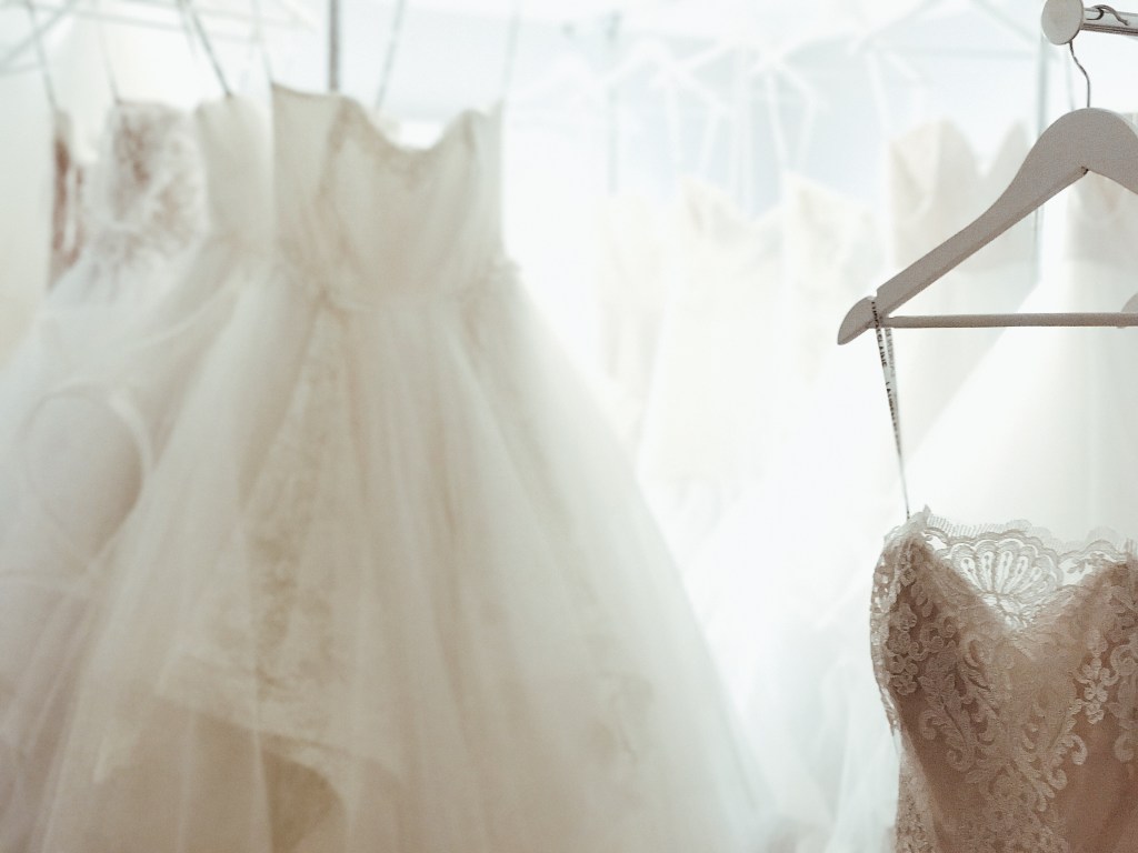 Wedding dresses on display at the Lauren Elaine bridal salon in Los Angeles, CA