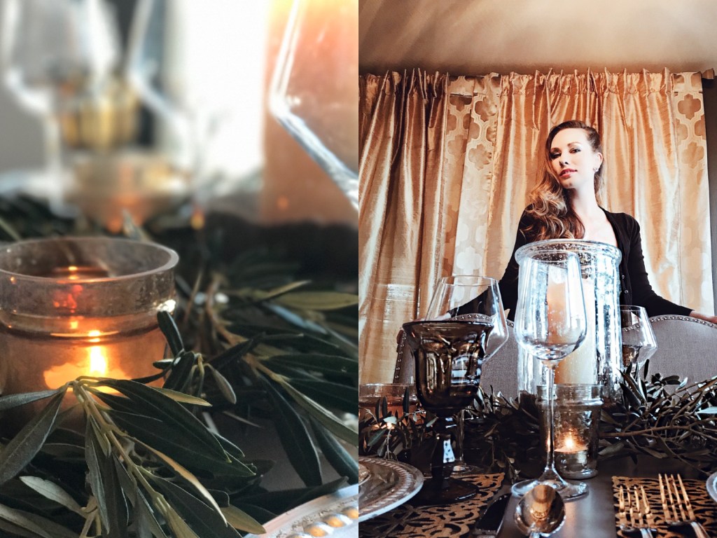 New Year's Eve tablescape decor with olive branches by Designer Lauren Elaine