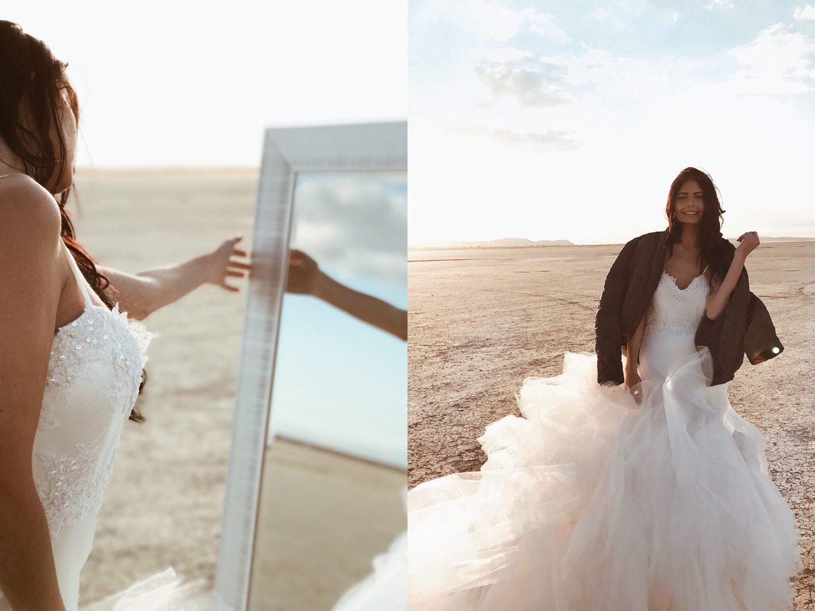On location shooting the "Elysian" gown by Lauren Elaine Bridal at El Mirage dry lake bed with model Sabyr Omens in California.