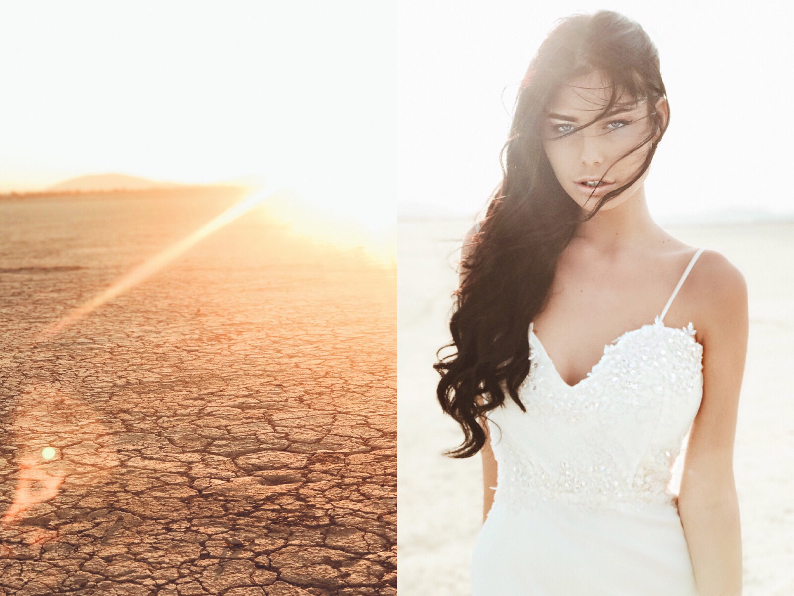 On location shooting the "Elysian" gown by Lauren Elaine Bridal at El Mirage dry lake bed in California