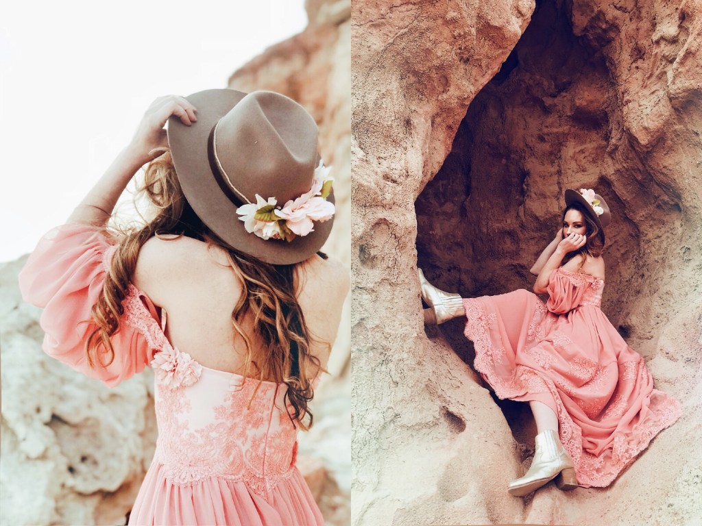 Designer Lauren Elaine wears a rose colored gown and Cowboy hat with floral crown at red rock canyon state park