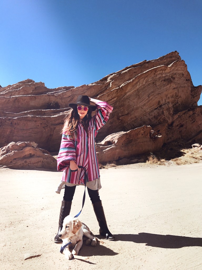 Fashion Designer Lauren Elaine explores Vasquez Rocks with her Golden Retriever "Mojave"