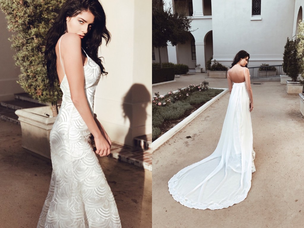 Lauren elaine delphine beaded art deco wedding dress with detachable watteau train