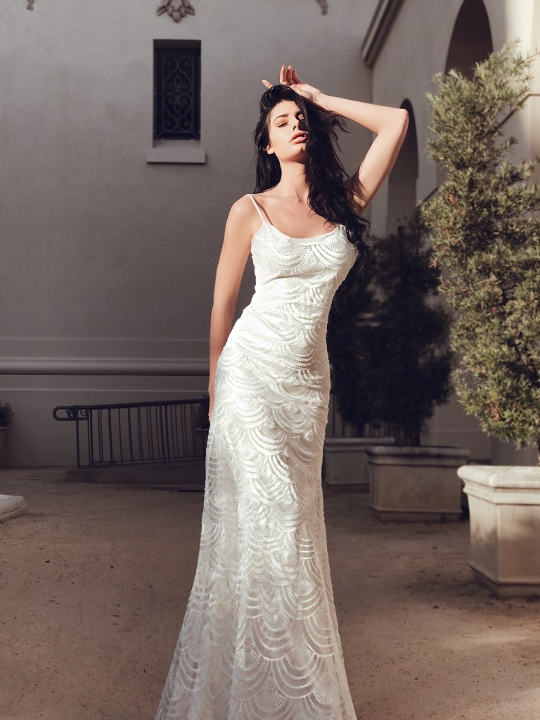 lauren elaine delphine art deco beaded sheath satin wedding dress with watteau train and art deco embroidery
