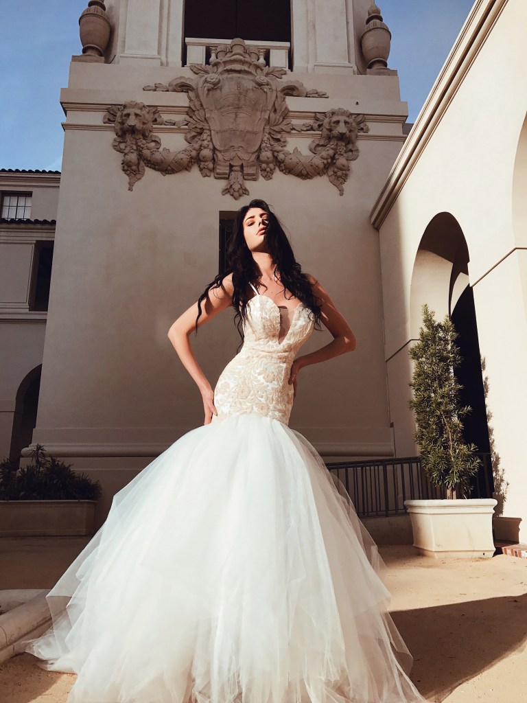 lauren elaine rosabelle blush sequin deep-v illusion mermaid wedding dress with 8ft cathedral train