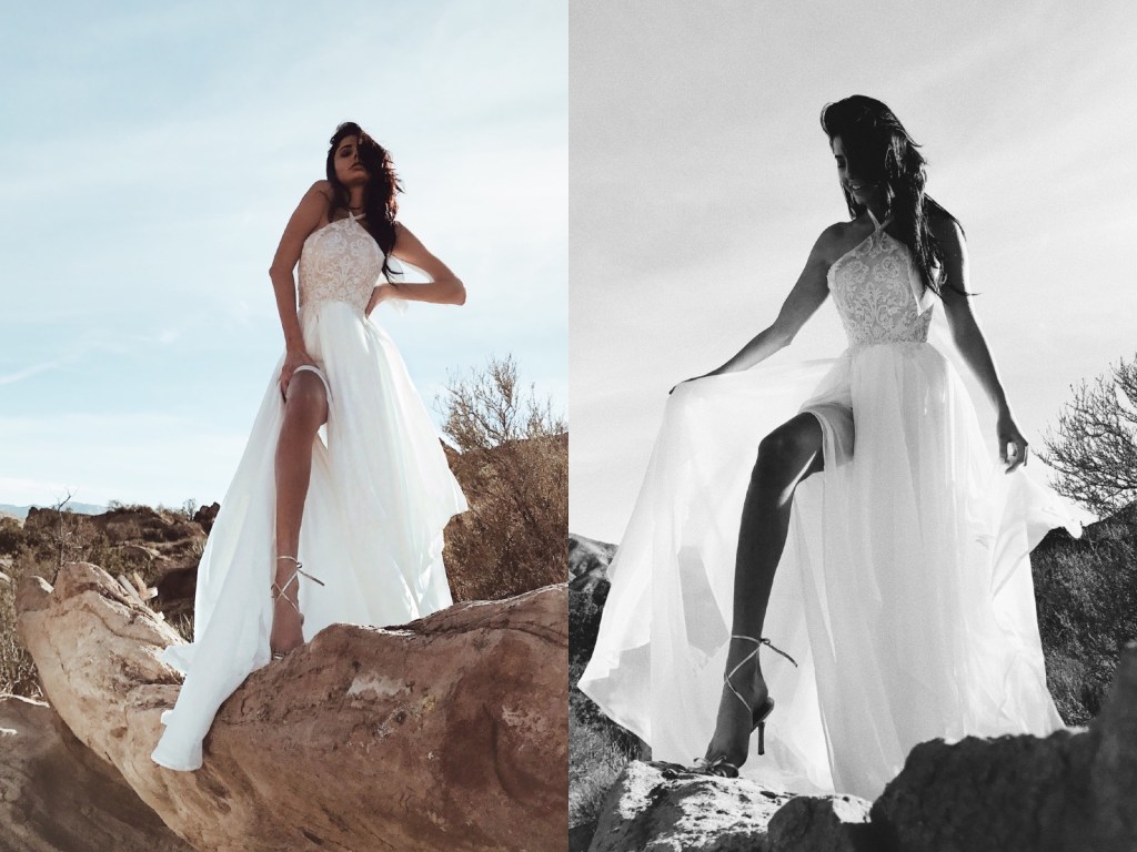 Lauren Elaine "Zephyr" A-line halter wedding dress with high slit and bead detailing with train