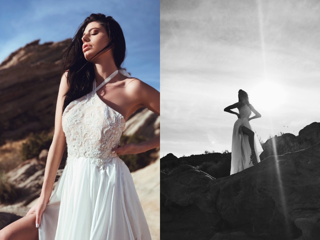 Lauren Elaine "Zephyr" A-line halter wedding dress with high slit and bead detailing with train