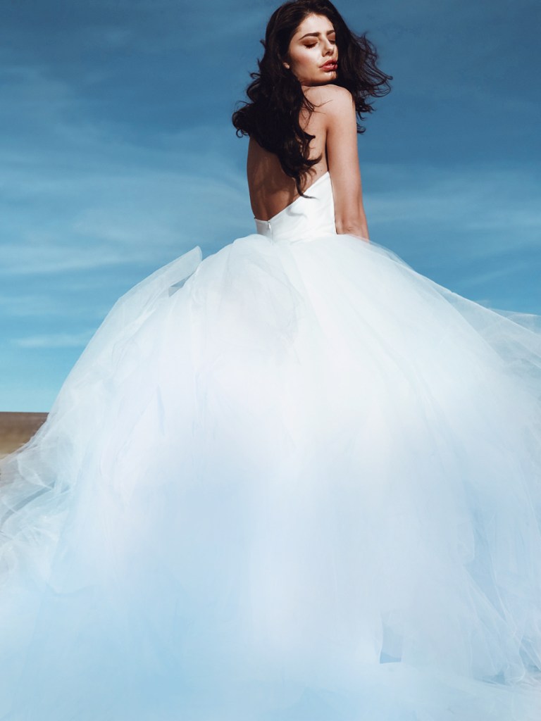 Pastel colored ombre blue wedding dress with detachable cathedral train