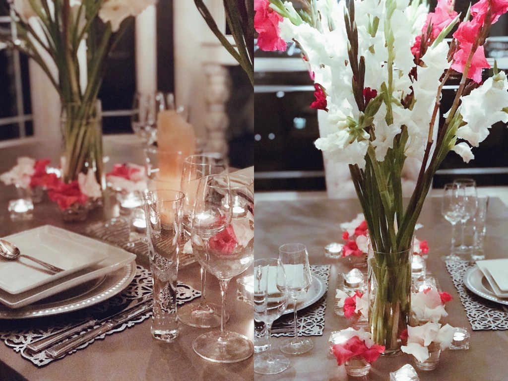 Valentines Day tablescape and table decor with Gladiolus flowers by Fashion Designer Lauren Elaine at her home in Los Angeles