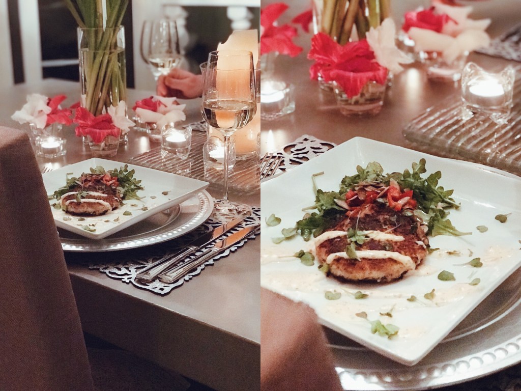 Crab cakes with red pepper roumalade at for Valentines Day menu