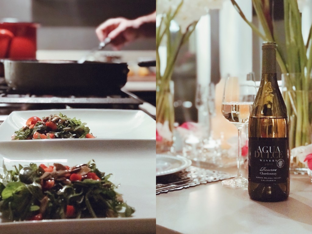 Agua Dulce chardonnay paired with red pepper crab cakes and arugula.