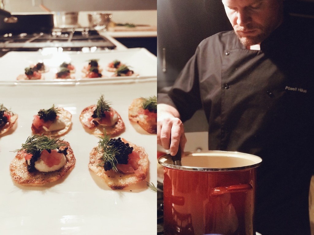 Caviar served on homemade potato crips with pickled red onions and horseradish