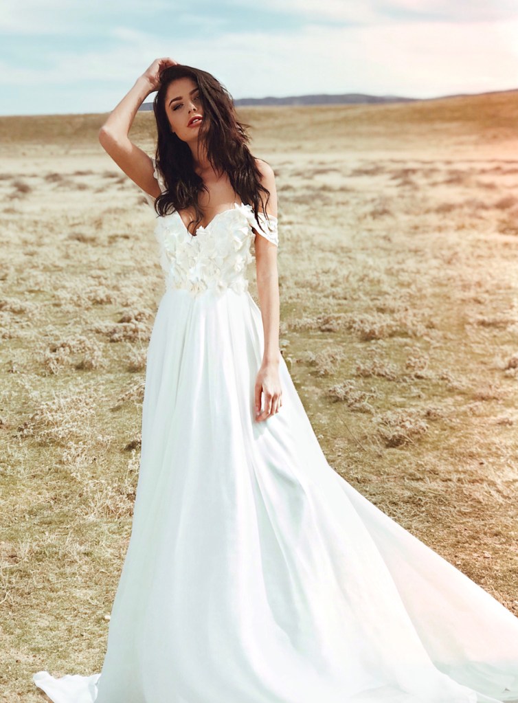 Romantic off-the-shoulder sweetheart a-line wedding dress with lace floral appliques by lauren elaine bridal