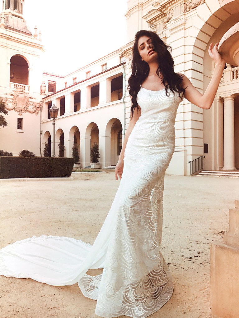Art deco beaded sheath trumpet wedding dress by Lauren Elaine Bridal
