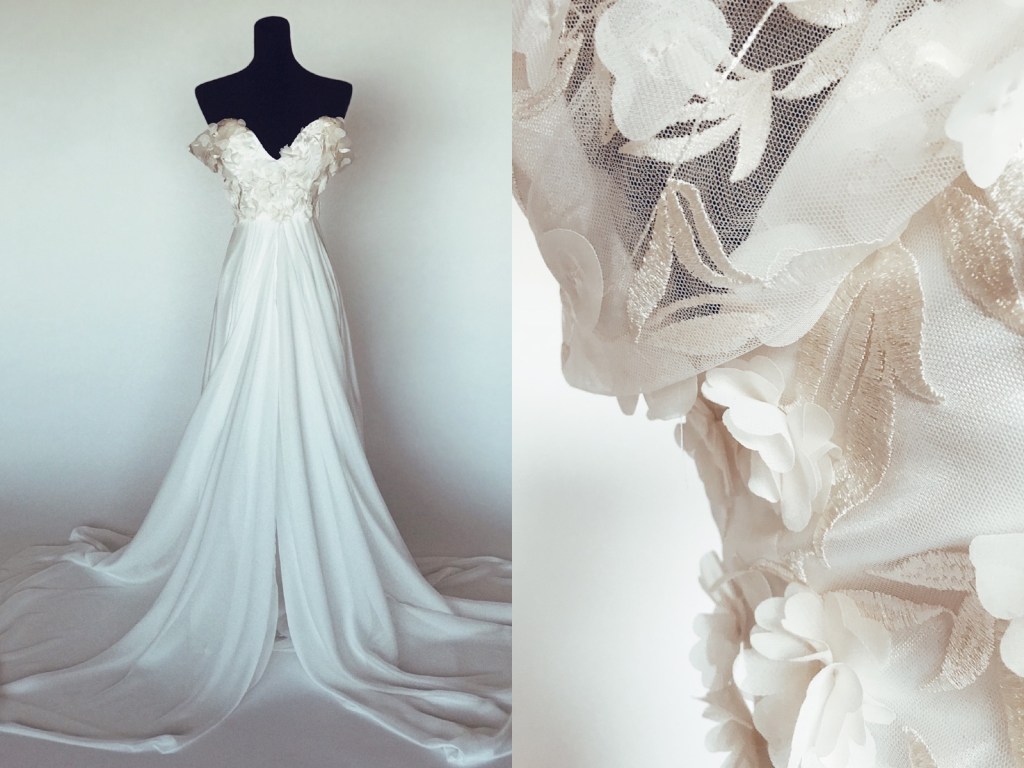 The "Chrysalin" a-line wedding dress from the Pearl by Lauren Elaine bridal collection with chiffon skirt and off-the-shoulder floral bodice.